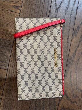 Michael Kors Beige MK Logo Wristlet with Red Trim